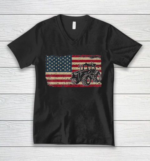 4th Of July Farm Tractors USA Flag Patriotic V-Neck T-Shirt