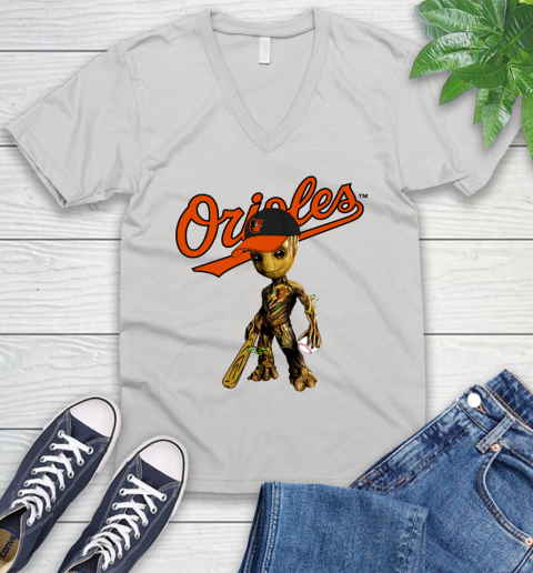 MLB Baltimore Orioles Groot Guardians Of The Galaxy Baseball V-Neck T-Shirt