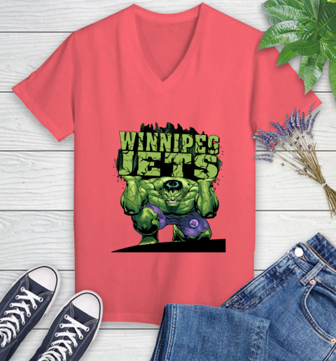 Winnipeg Jets NHL Hockey Incredible Hulk Marvel Avengers Sports Women's V-Neck T-Shirt 6