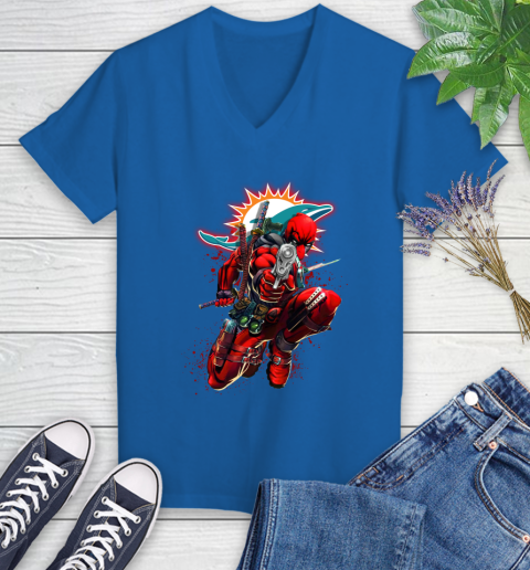 NFL Deadpool Marvel Comics Sports Football Miami Dolphins Women's V-Neck T-Shirt 10