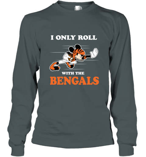 NFL Mickey Mouse I Only Roll With Cincinnati Bengals duzy nfl mickey mouse i only roll with cincinnati benga long sleeve tee 14 front dark heather