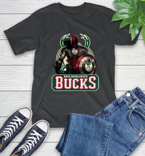 Milwaukee Bucks NBA Basketball Captain America Thor Spider Man Hawkeye Avengers T-Shirt 2