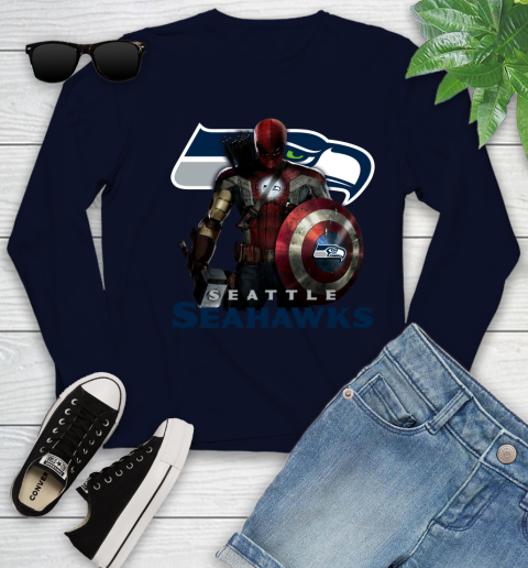 NFL Captain America Thor Spider Man Hawkeye Avengers Endgame Football Seattle Seahawks Youth Long Sleeve 3