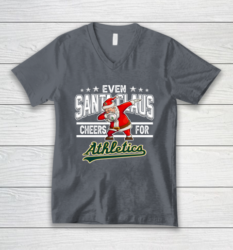 Oakland Athletics Even Santa Claus Cheers For Christmas MLB V-Neck T-Shirt 4