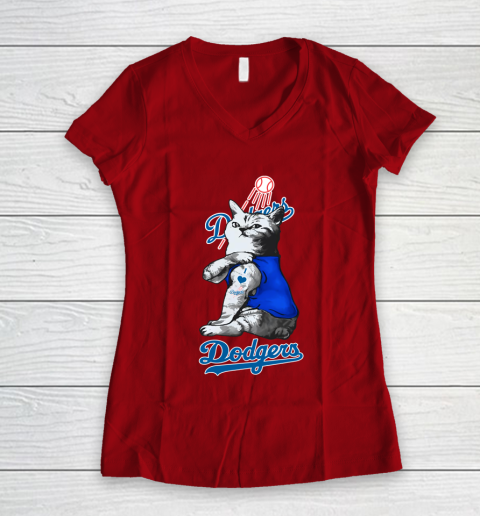 MLB Baseball My Cat Loves Los Angeles Dodgers Women's V-Neck T-Shirt 8