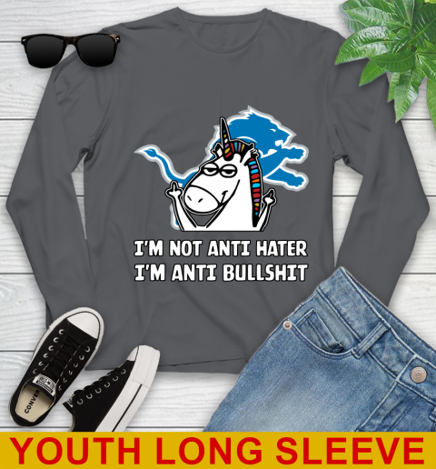 Detroit Lions NFL Football Unicorn I'm Not Anti Hater I'm Anti Bullshit Youth Long Sleeve 9