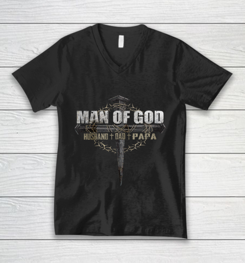 Mens Man of God Husband Dad Papa V-Neck T-Shirt
