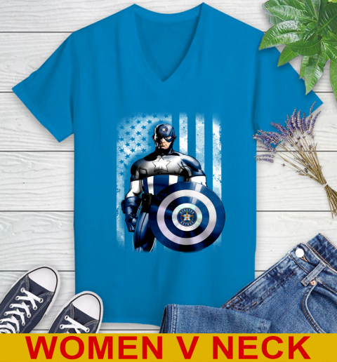 Houston Astros MLB Baseball Captain America Marvel Avengers American Flag Shirt Women's V-Neck T-Shirt 7