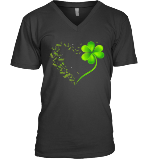 Dragonfly Heart Irish, Shamrock Heart Clover St. Patrick Day V-Neck T-Shirt