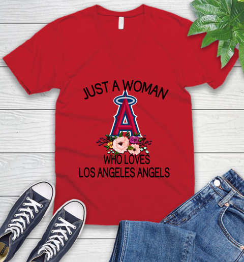 MLB Just A Woman Who Loves Los Angeles Angels Baseball Sports V-Neck T-Shirt 4