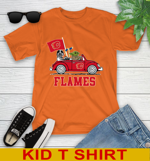 NHL Hockey Calgary Flames Darth Vader Baby Yoda Driving Star Wars Shirt Youth T-Shirt 7
