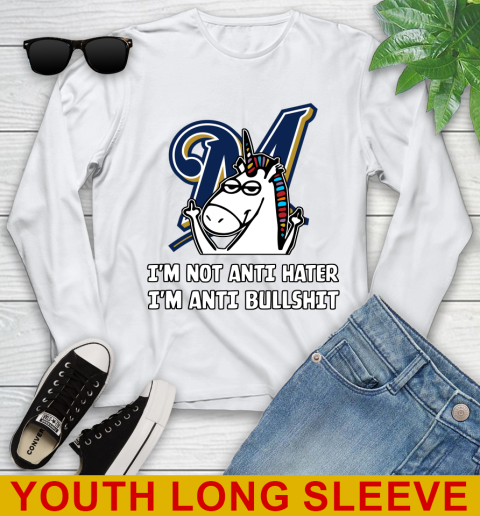 Milwaukee Brewers MLB Baseball Unicorn I'm Not Anti Hater I'm Anti Bullshit Youth Long Sleeve
