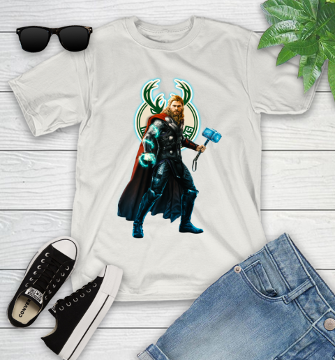 NBA Thor Avengers Endgame Basketball Milwaukee Bucks Youth T-Shirt 12