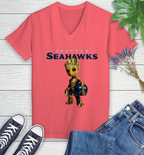 Seattle Seahawks NFL Football Groot Marvel Guardians Of The Galaxy Women's V-Neck T-Shirt 6