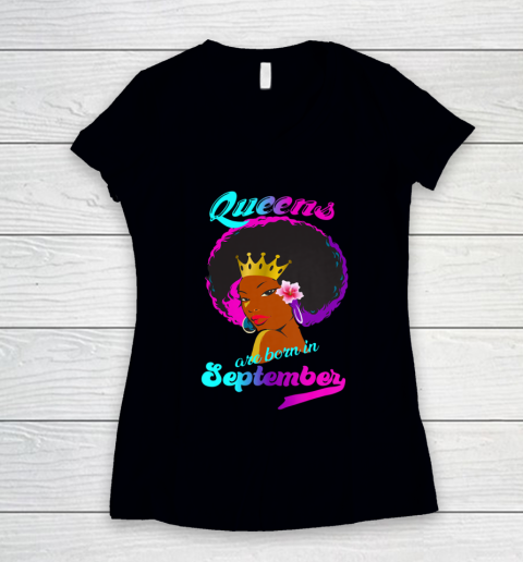 Womens Queens are Born in September Black Girl Virgo Libra Birthday Women's V-Neck T-Shirt