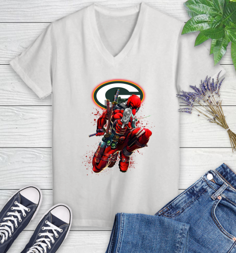 NFL Deadpool Marvel Comics Sports Football Green Bay Packers Women's V-Neck T-Shirt