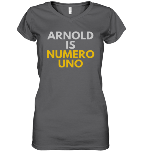 Fans of Schwarzenegger, Arnold is numero uno Women's V-Neck T-Shirt rzyr fans of schwarzenegger arnold is numero uno women v neck t shirt 39 front charcoal