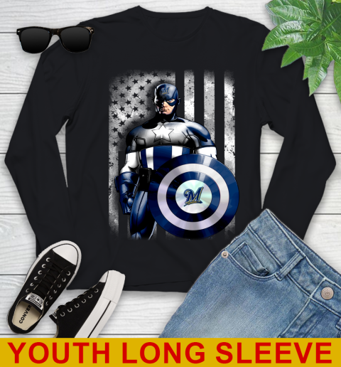 Milwaukee Brewers MLB Baseball Captain America Marvel Avengers American Flag Shirt Youth Long Sleeve