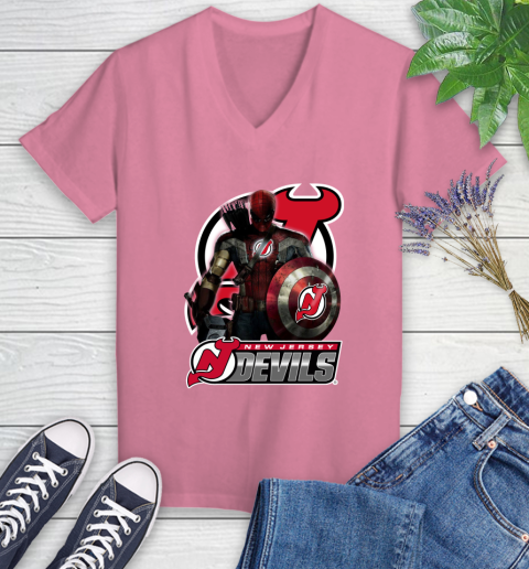 NHL Captain America Thor Spider Man Hawkeye Avengers Endgame Hockey New Jersey Devils Women's V-Neck T-Shirt 13