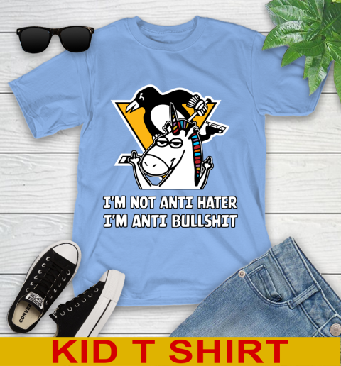 Pittsburgh Penguins NHL Hockey Unicorn I'm Not Anti Hater I'm Anti Bullshit Youth T-Shirt 11