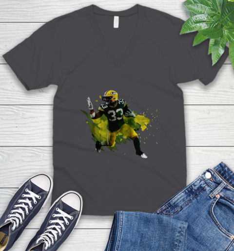 Aaron Jones Running Green Bay Packers V-Neck T-Shirt 4