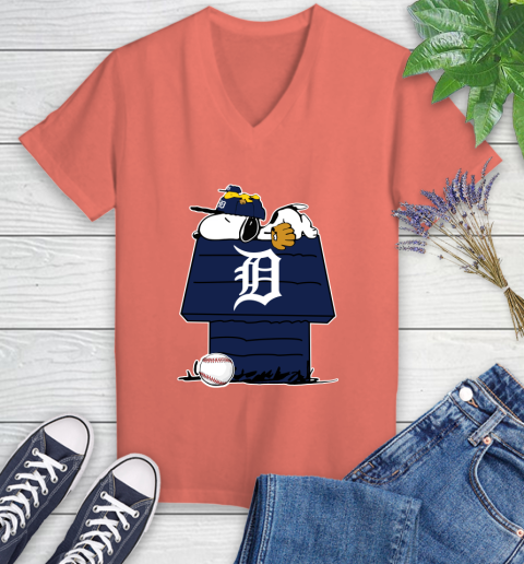 MLB Detroit Tigers Snoopy Woodstock The Peanuts Movie Baseball T Shirt Women's V-Neck T-Shirt 6