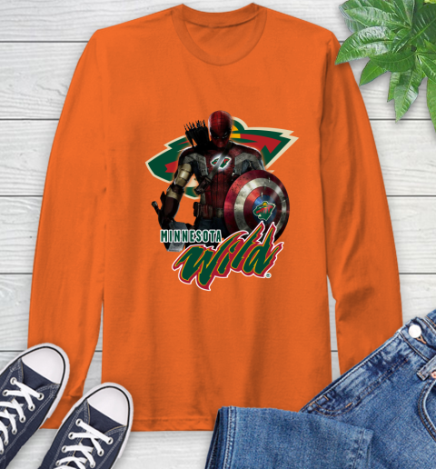 NHL Captain America Thor Spider Man Hawkeye Avengers Endgame Hockey Minnesota Wild Long Sleeve T-Shirt 5