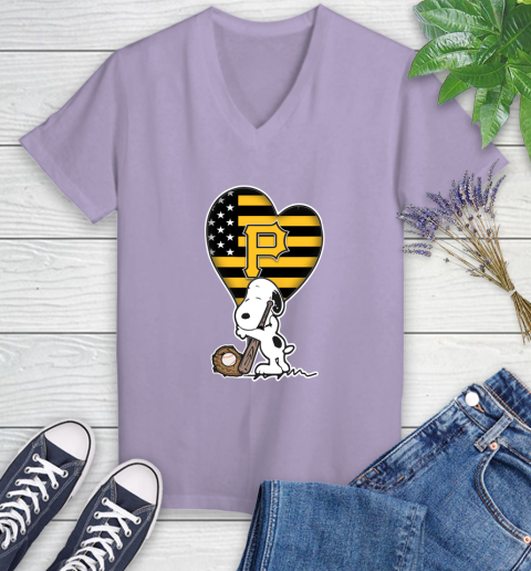 Pittsburgh Pirates MLB Baseball The Peanuts Movie Adorable Snoopy Women's V-Neck T-Shirt 14