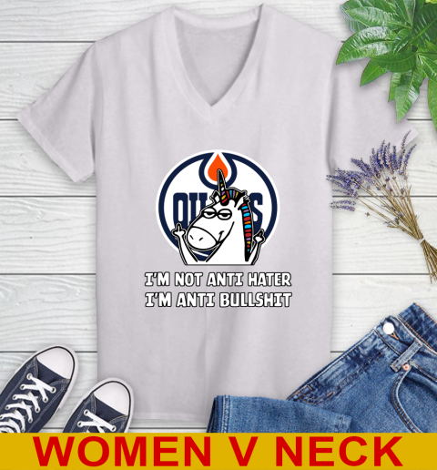Edmonton Oilers NHL Hockey Unicorn I'm Not Anti Hater I'm Anti Bullshit Women's V-Neck T-Shirt