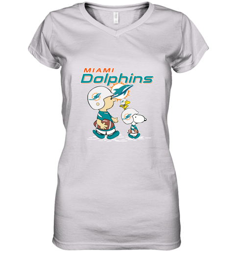 Miami Dolphins Let's Play Football Together Snoopy NFL Women's V-Neck T-Shirt