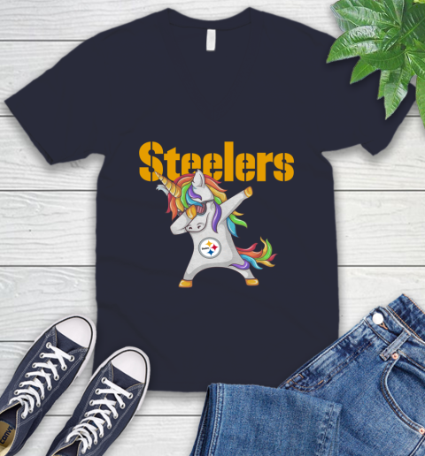 Pittsburgh Steelers NFL Football Funny Unicorn Dabbing Sports V-Neck T-Shirt 3