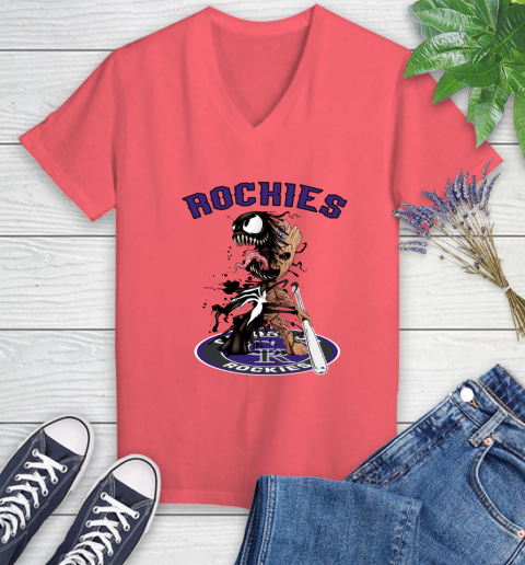 MLB Colorado Rockies Baseball Venom Groot Guardians Of The Galaxy Women's V-Neck T-Shirt 6
