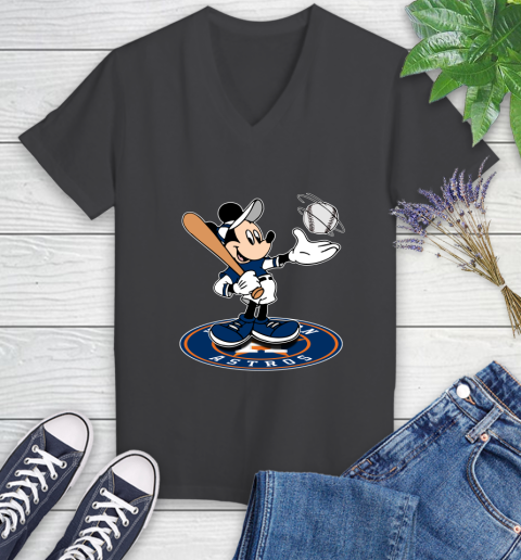 MLB Baseball Houston Astros Cheerful Mickey Disney Shirt Women's V-Neck T-Shirt 7
