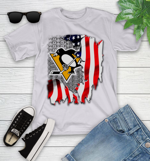 Pittsburgh Penguins NHL Hockey American Flag Youth T Shirt Tee For Sports