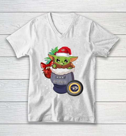 Nashville Predators Christmas Baby Yoda Star Wars Funny Happy NHL V-Neck T-Shirt 2