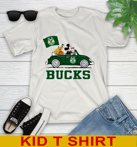 NBA Basketball Milwaukee Bucks Pluto Mickey Driving Disney Shirt Youth T-Shirt 12