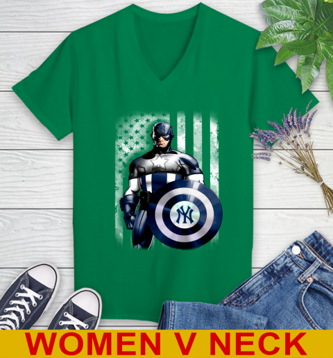 New York Yankees MLB Baseball Captain America Marvel Avengers American Flag Shirt Women's V-Neck T-Shirt 5