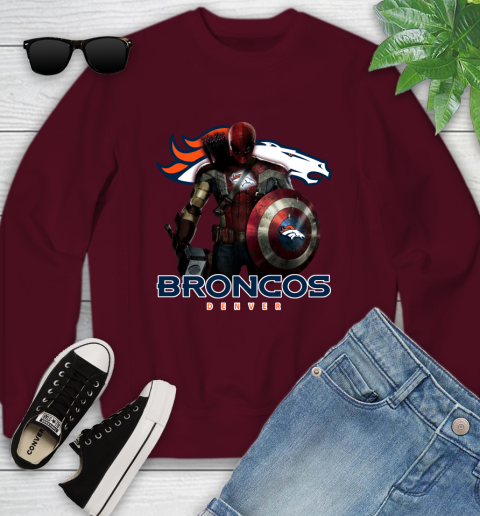 NFL Captain America Thor Spider Man Hawkeye Avengers Endgame Football Denver Broncos Youth Sweatshirt 5