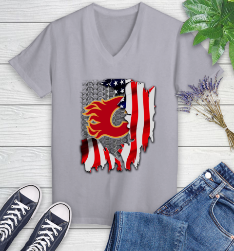 Calgary Flames NHL Hockey American Flag Women's V-Neck T-Shirt 4