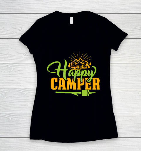Happy Camping Camper Motorhome Mountains Funny Women's V-Neck T-Shirt