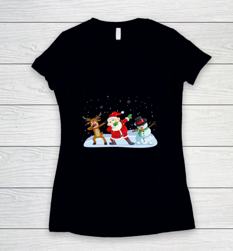 Santa Claus Reindeer Snowman Dabbing Xmas Christmas Women's V-Neck T-Shirt