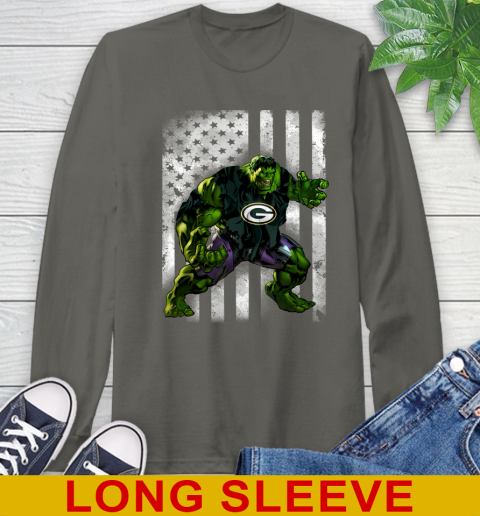 Green Bay Packers Hulk Marvel Avengers NFL Football American Flag Long Sleeve T-Shirt 10