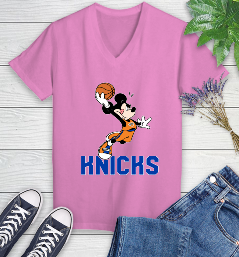 NBA Basketball New York Knicks Cheerful Mickey Mouse Shirt Women's V-Neck T-Shirt 12