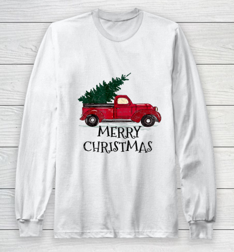 Vintage Red Truck With Merry Christmas Tree Long Sleeve T-Shirt