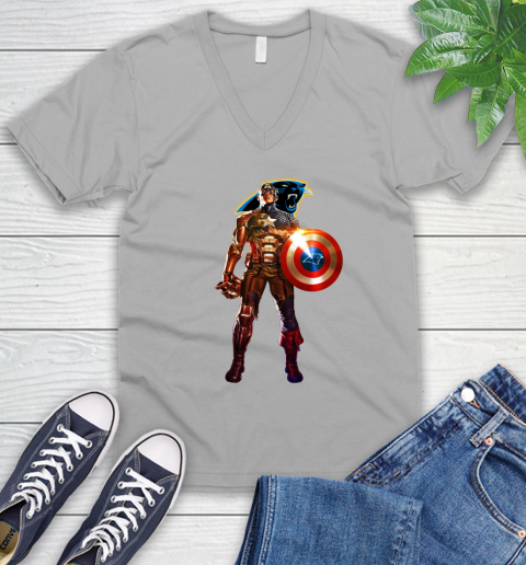 NFL Captain America Marvel Avengers Endgame Football Sports Carolina Panthers V-Neck T-Shirt 4