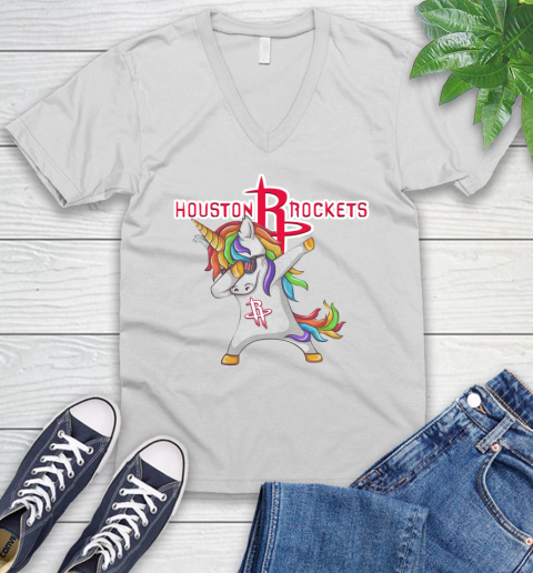 Houston Rockets NBA Basketball Funny Unicorn Dabbing Sports V-Neck T-Shirt