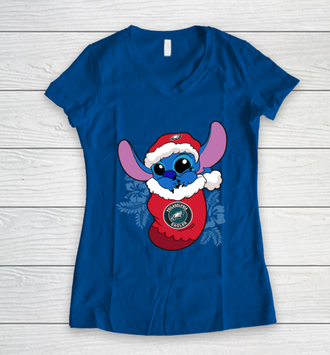 Philadelphia Eagles Christmas Stitch In The Sock Funny Disney NFL Women's V-Neck T-Shirt 9