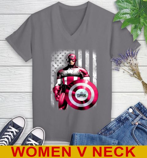 LA Clippers NBA Basketball Captain America Marvel Avengers American Flag Shirt Women's V-Neck T-Shirt 11