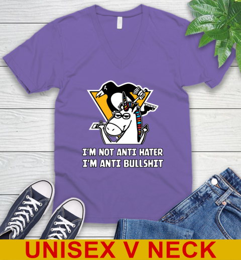 Pittsburgh Penguins NHL Hockey Unicorn I'm Not Anti Hater I'm Anti Bullshit V-Neck T-Shirt 9