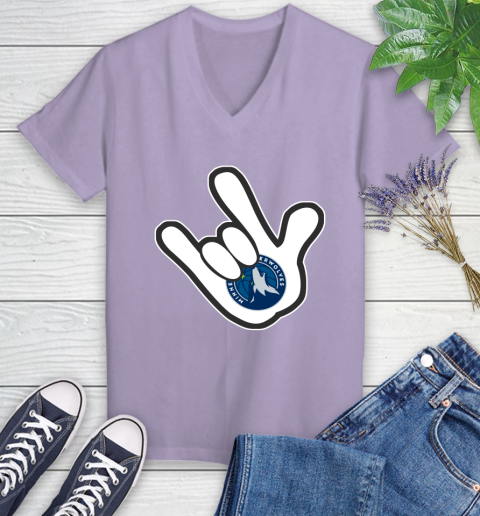 Minnesota Timberwolves NBA Basketball Mickey Rock Hand Disney Women's V-Neck T-Shirt 14